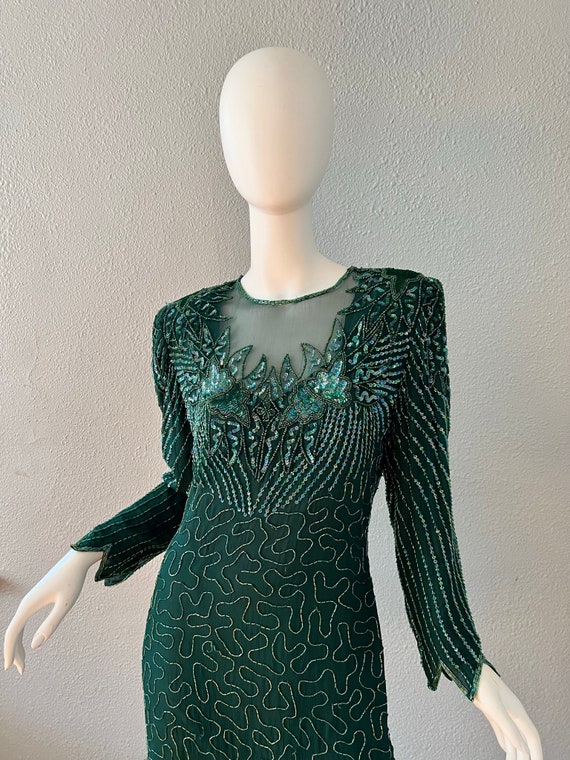 Vintage Green ART DECO Silk Beaded Long Sleeve Mi… - image 4