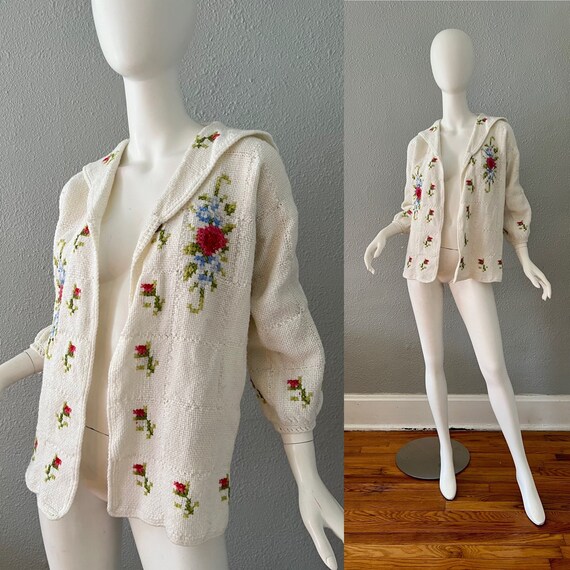 Vintage 40s 50s White Floral Hand Knit Rockabilly… - image 1