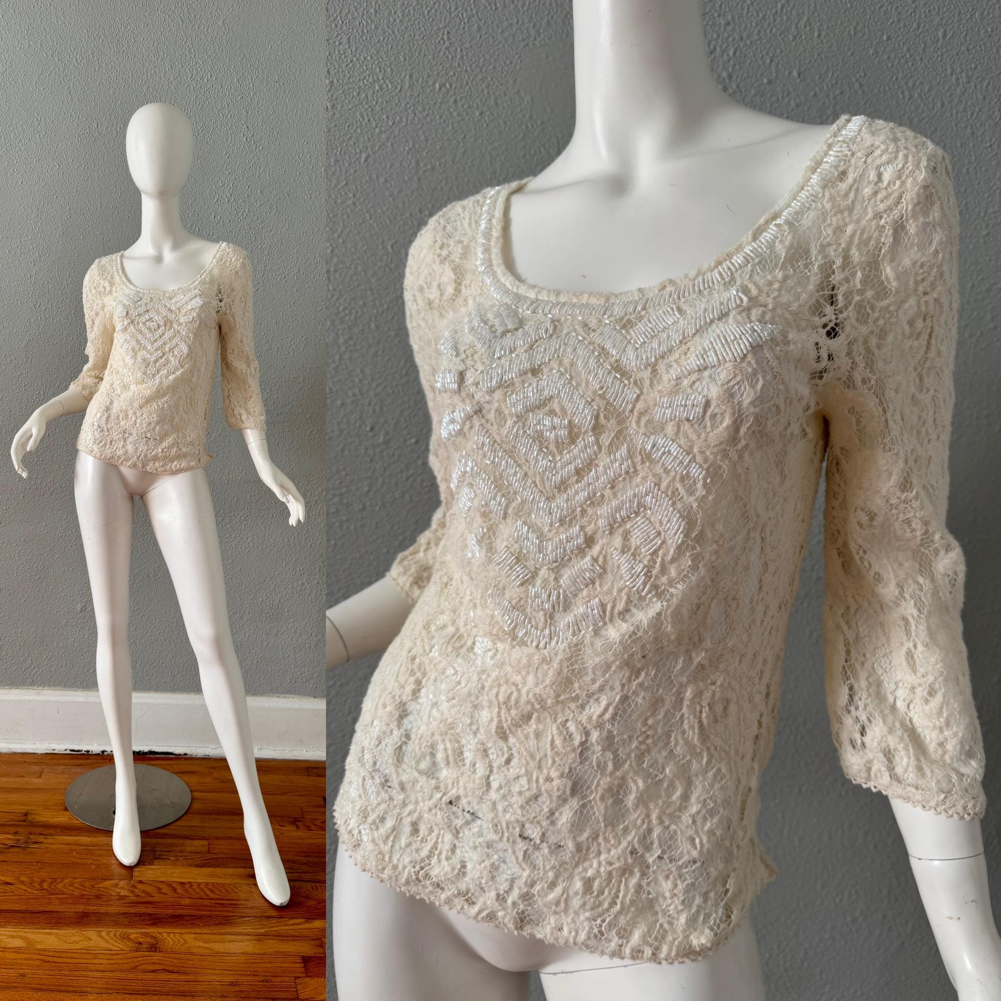 40’s 50’s lady's beaed top Vintage 50s 60s White Cream Sheer Lace Hand Beaded Blouse