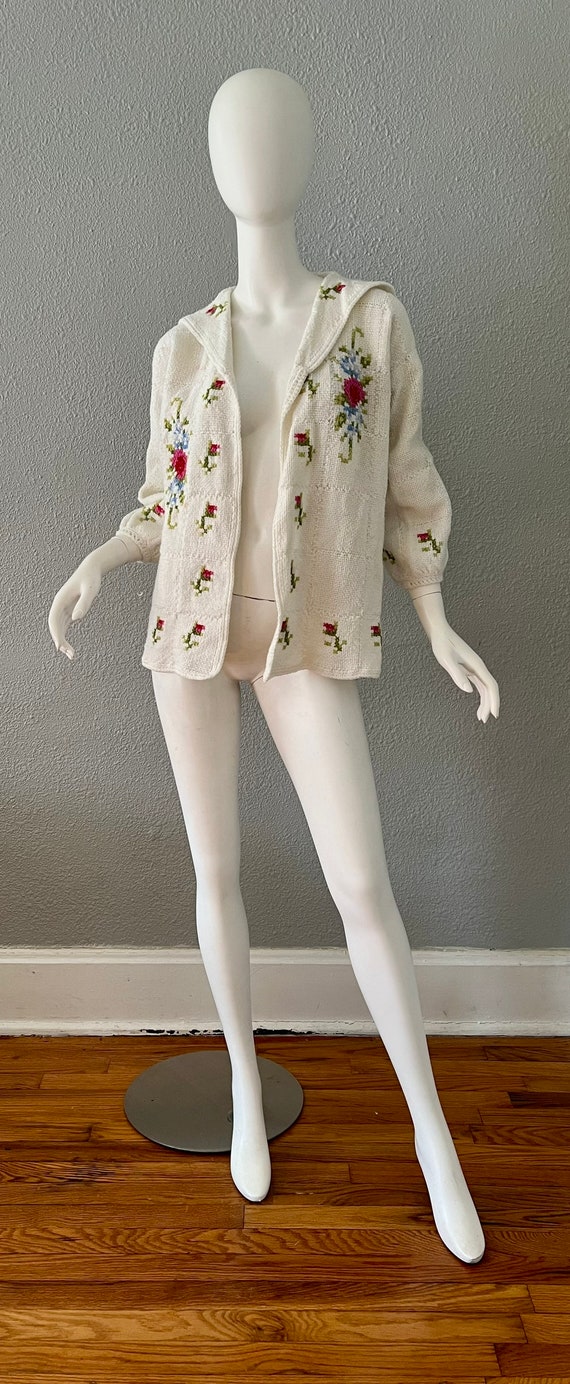 Vintage 40s 50s White Floral Hand Knit Rockabilly… - image 4