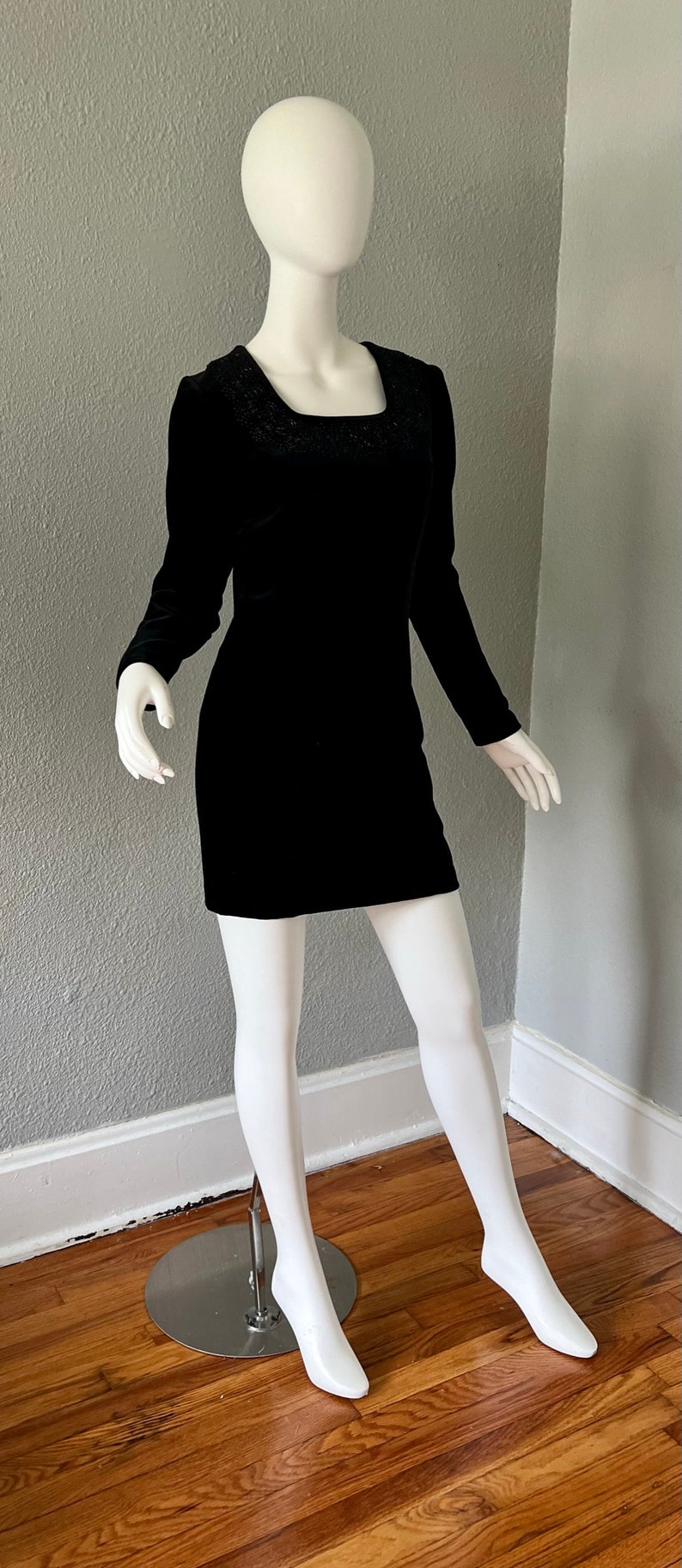 Vintage Black Cotton Velvet LAURA ASHLEY Mini Wiggle Beaded Dress S image 7