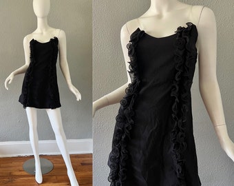 Vintage 90s Black Strapless Couture Y2K Sweetheart Ruffle Mini Party Dress M