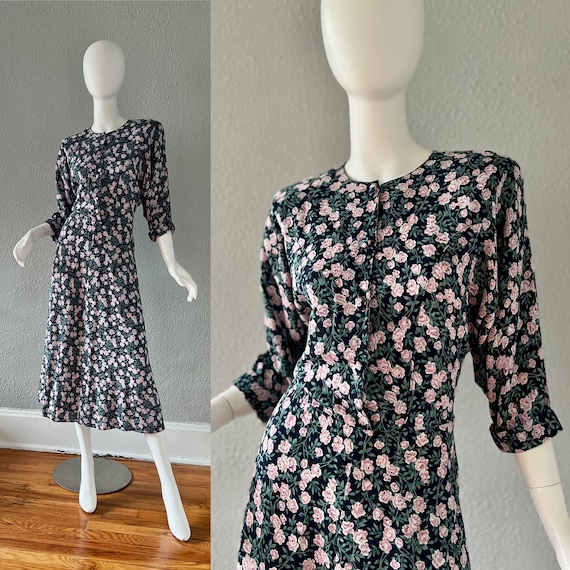 Vintage 90s Ditsy Rose Print Front Button Rayon G… - image 1