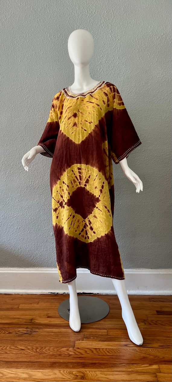 Vintage 60s Brown Boho TIE DYE Yellow Hippie Caft… - image 4