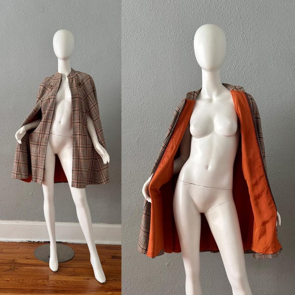 Vintage 60er 70er Jahre karierter Wollmix MOD Zip Cape Poncho Jacke Mantel