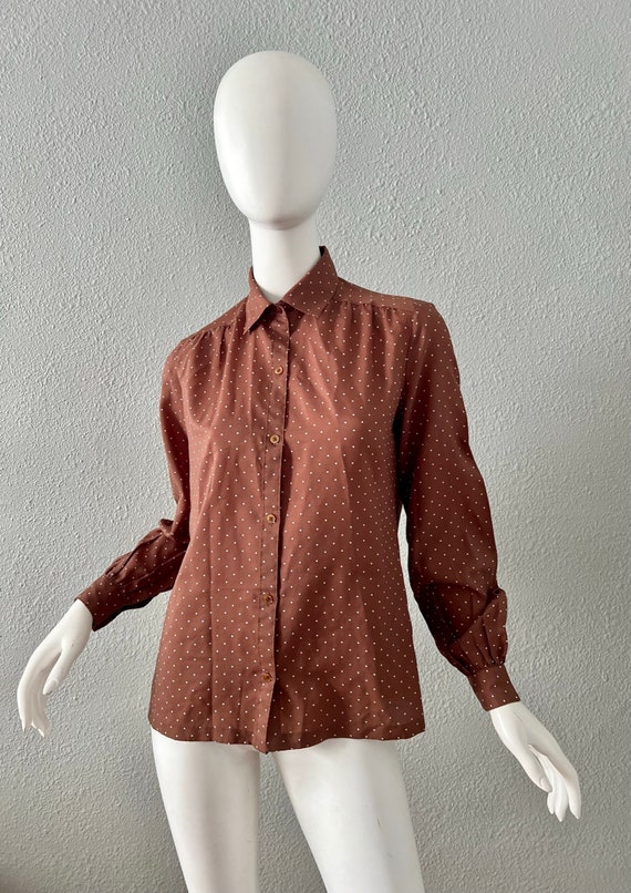 Vintage 70s Brown Polka Dot Button Secretary Blou… - image 4