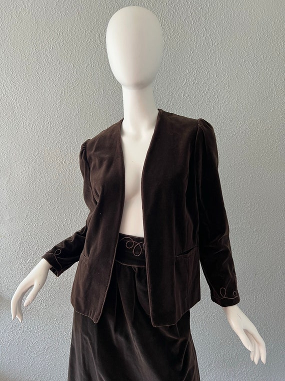 Vintage 70s Brown VELVET Suit Jacket Blazer 2 Pc … - image 7