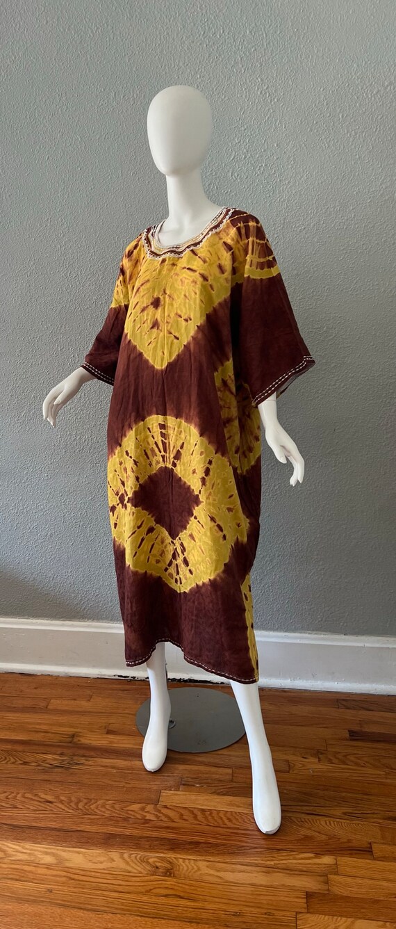 Vintage 60s Brown Boho TIE DYE Yellow Hippie Caft… - image 2