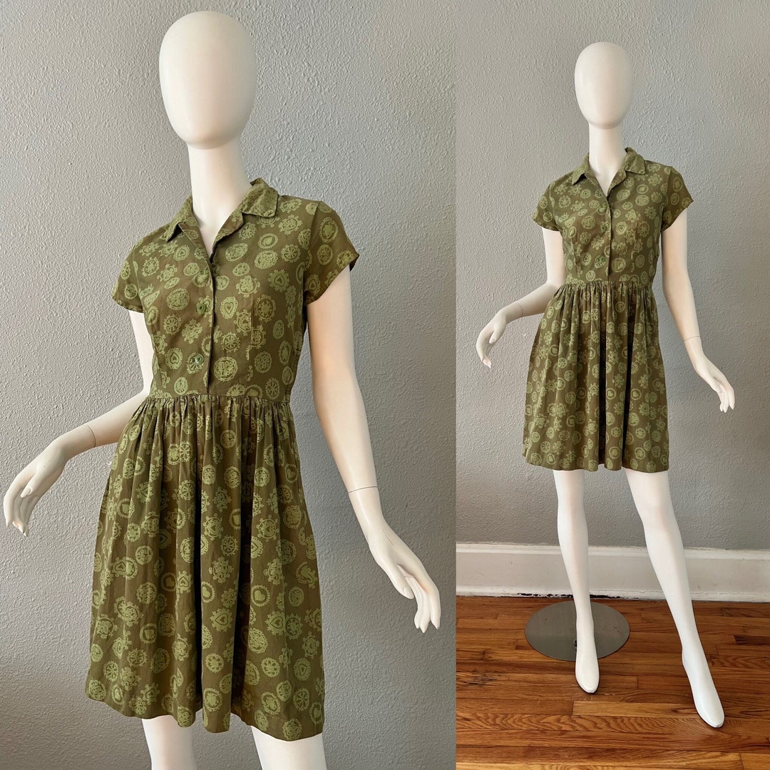 Vintage 50s Sage Green Rockabilly Pin up Shirt Dress XS Etsy