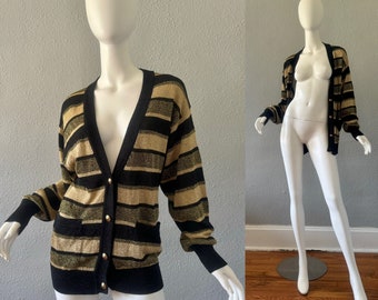 Vintage 80s Striped SUZELLE Metallic LUREX Sweater Cardigan