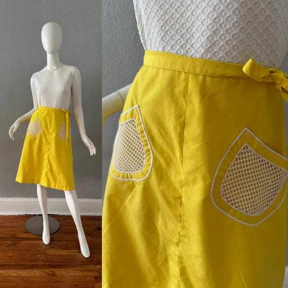 Vintage 70s Yellow Hippie MOD A-Line Wrap Cotton … - image 1
