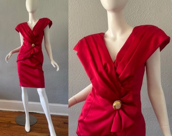 Vintage 80s Red Satin Karen Okada 2 Pc Cocktail Party Suit Dress Set XS