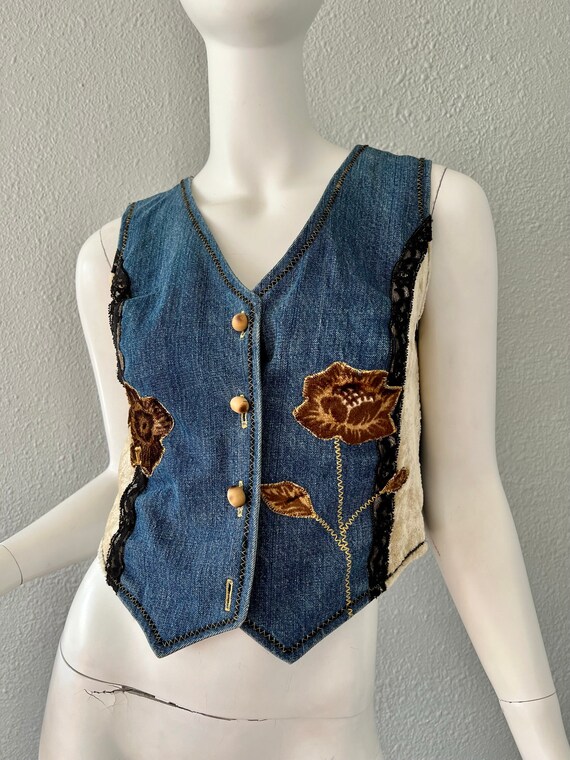 Vintage Denim Patchwork Velvet REVERSIBLE Crop To… - image 3