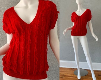 Vintage 70s Retro Red Striped Fringe Deep V Shaggy Sweater Vest Top S
