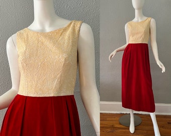 Vintage 60s Red VELVET Sleeveless Lace MOD Evening Party Dress XXS