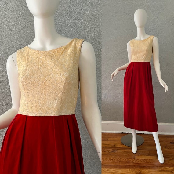 Vintage 60s Red VELVET Sleeveless Lace MOD Evenin… - image 1