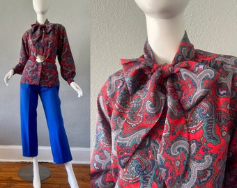 Vintage Red PAISLEY Bow Button Long Sleeve Secretary Blouse Top