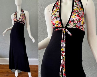 Vintage 70s Black Floral Halter Slinky Hippie Boho Maxi Dress XS