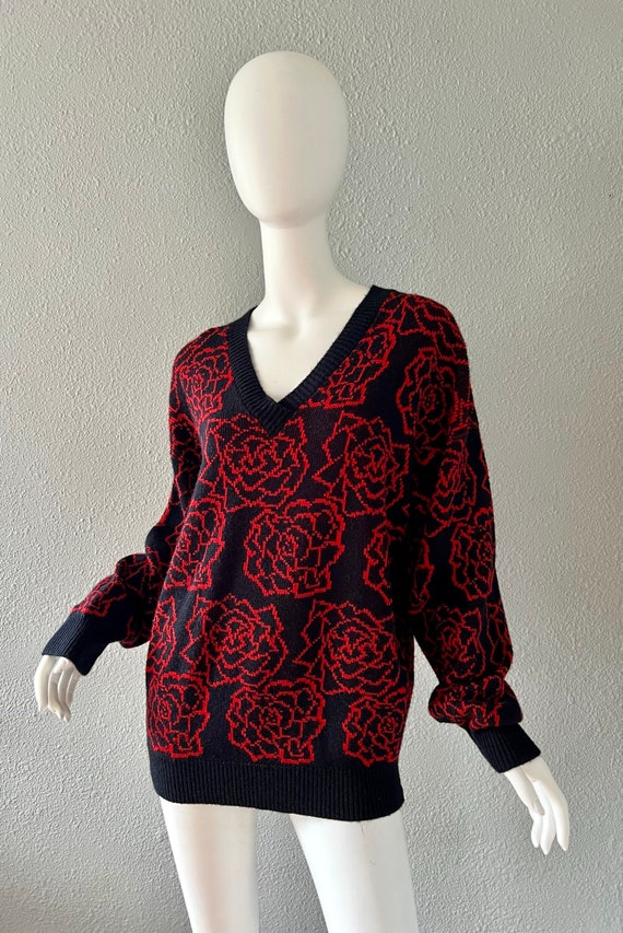 Vintage 80s Fortune Knits V-Neck Rose Print Overs… - image 5