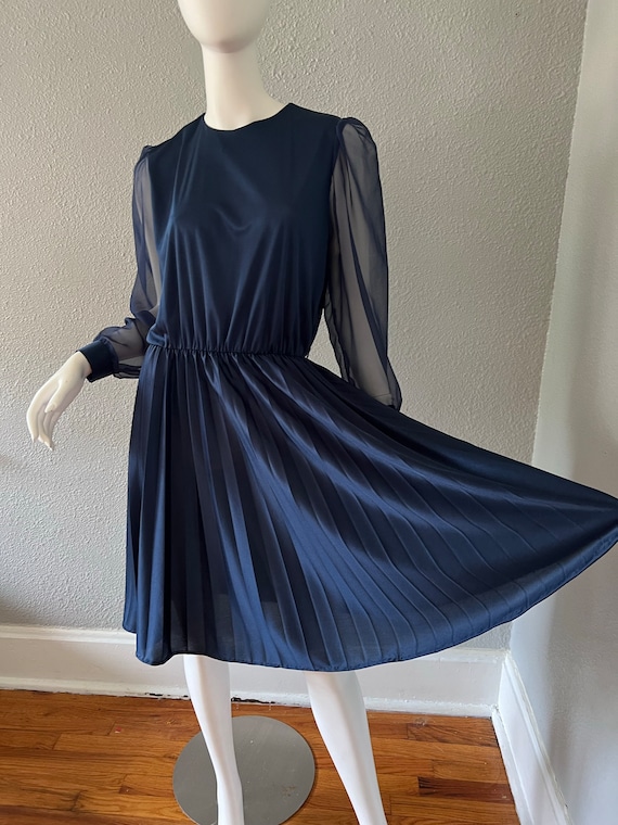 Vintage 70s Navy Blue Sheer Poet Sleeve Pleated D… - image 8