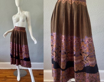 Vintage 90s Boho Art Rayon Pleated Midi Skirt M