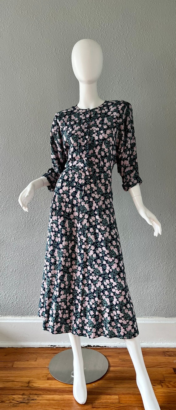 Vintage 90s Ditsy Rose Print Front Button Rayon G… - image 4