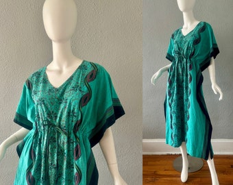 Vintage 90s Teal Blue BOHO Hippie Cotton Kaftan Caftan Dress