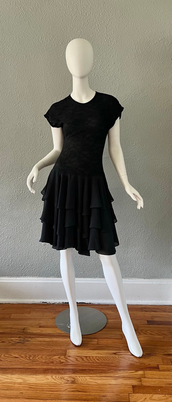 Vintage 80s Black Lace Tiered Ruffle Chiffon Drop… - image 3