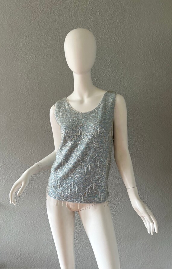 Vintage 60s Ice Blue WOOL Embellished Sequin BEAD… - image 3