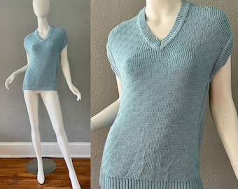 Vintage 70s Blue V-Neck Knit Pull Over Sweater Vest Top S