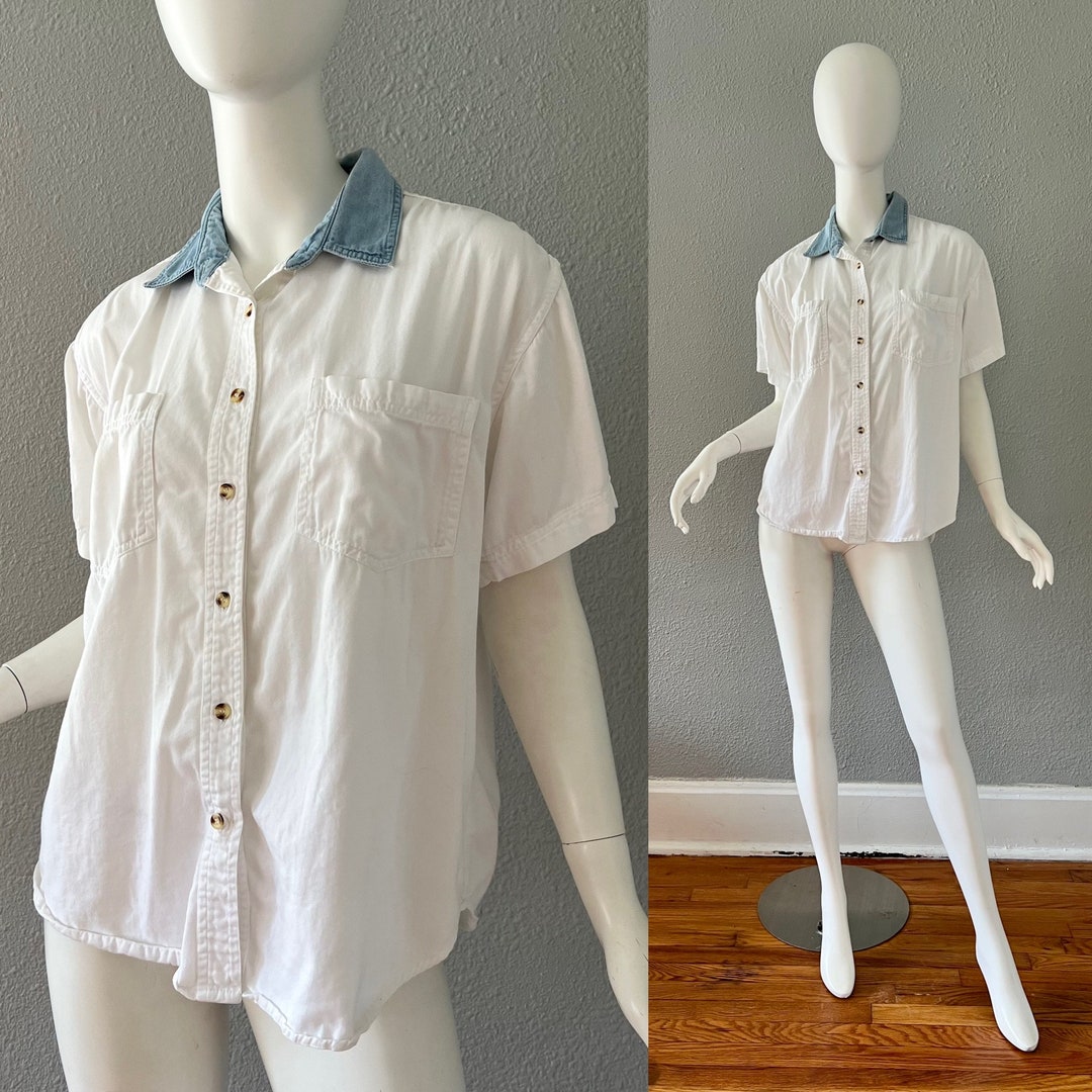 Vintage 80s White and Black Graphic Button Up Collar-Less Shirt XL