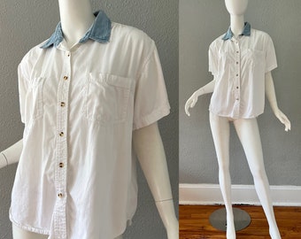 Vintage 80s White Denim Collar Button Down Cotton Shirt Top M