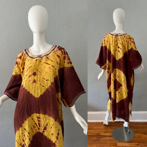 Vintage 60s Brown Boho TIE DYE Yellow Hippie Caft… - image 1