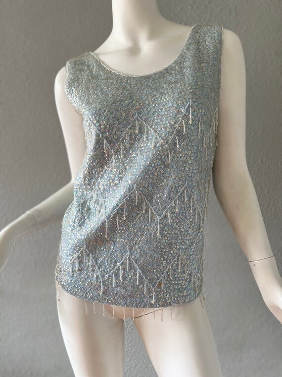 Vintage 60s Ice Blue WOOL Embellished Sequin BEAD… - image 4