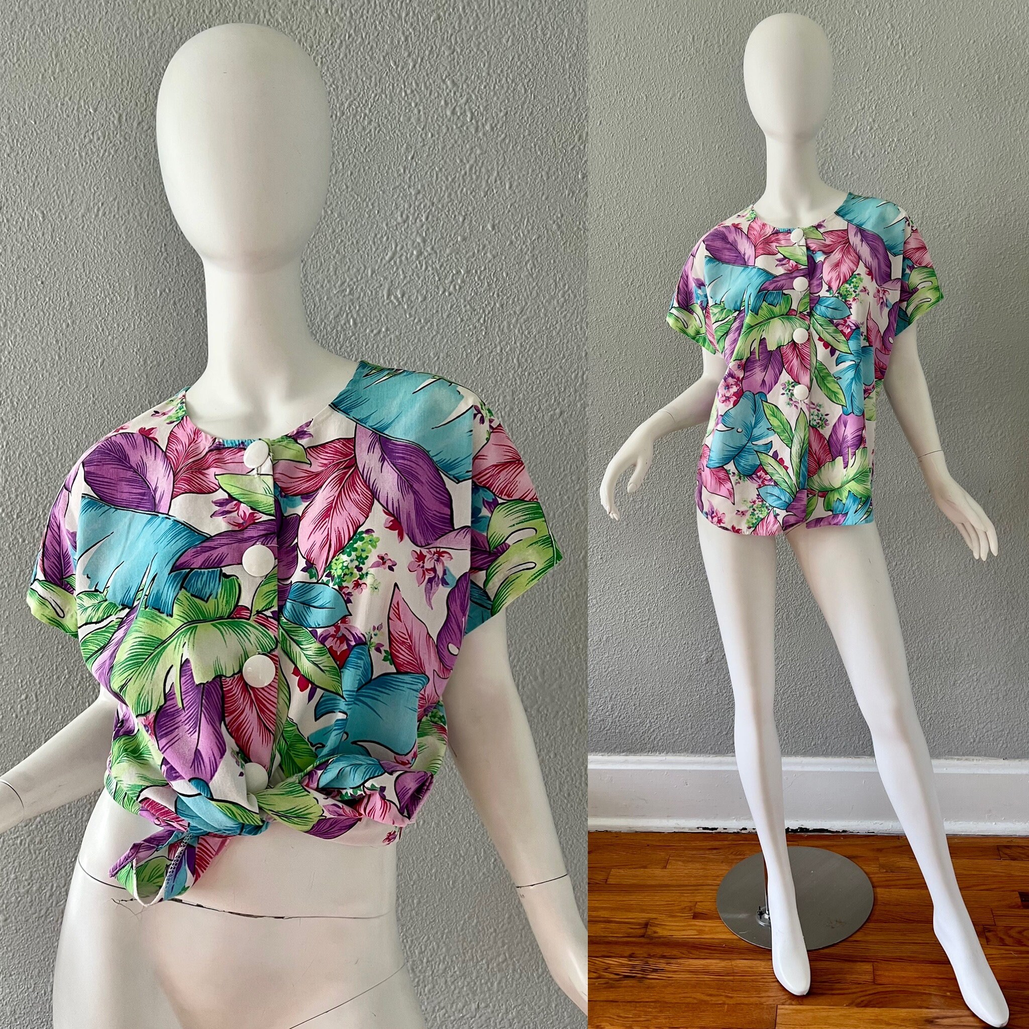 Vintage 80s Colorful Leaf Print Plant Button Blouse Top M - Etsy