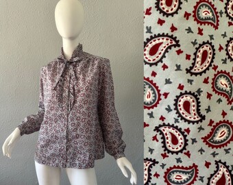 Vintage 70s Blue High Neck PAISLEY Button Long Sleeve Blouse Top