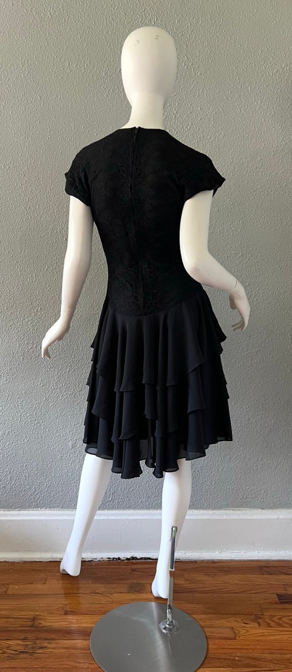 Vintage 80s Black Lace Tiered Ruffle Chiffon Drop… - image 9