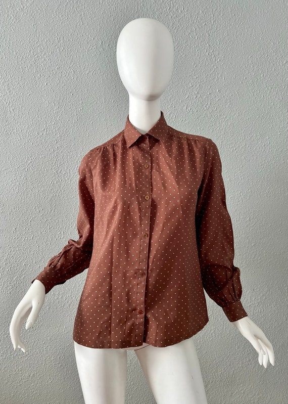 Vintage 70s Brown Polka Dot Button Secretary Blou… - image 3