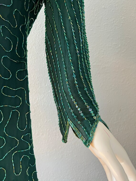 Vintage Green ART DECO Silk Beaded Long Sleeve Mi… - image 7