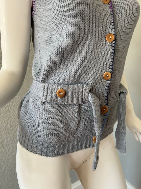 Vintage 70s Gray Hand Knit Button Hippie Sweater … - image 6