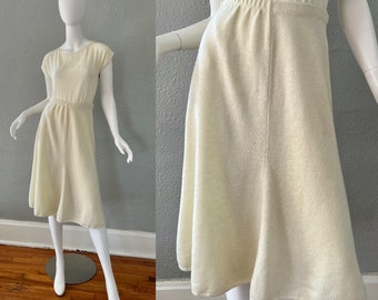 Vintage 70s High Waist Off White Sweater Knit Midi A-Line Wiggle Skirt S/M