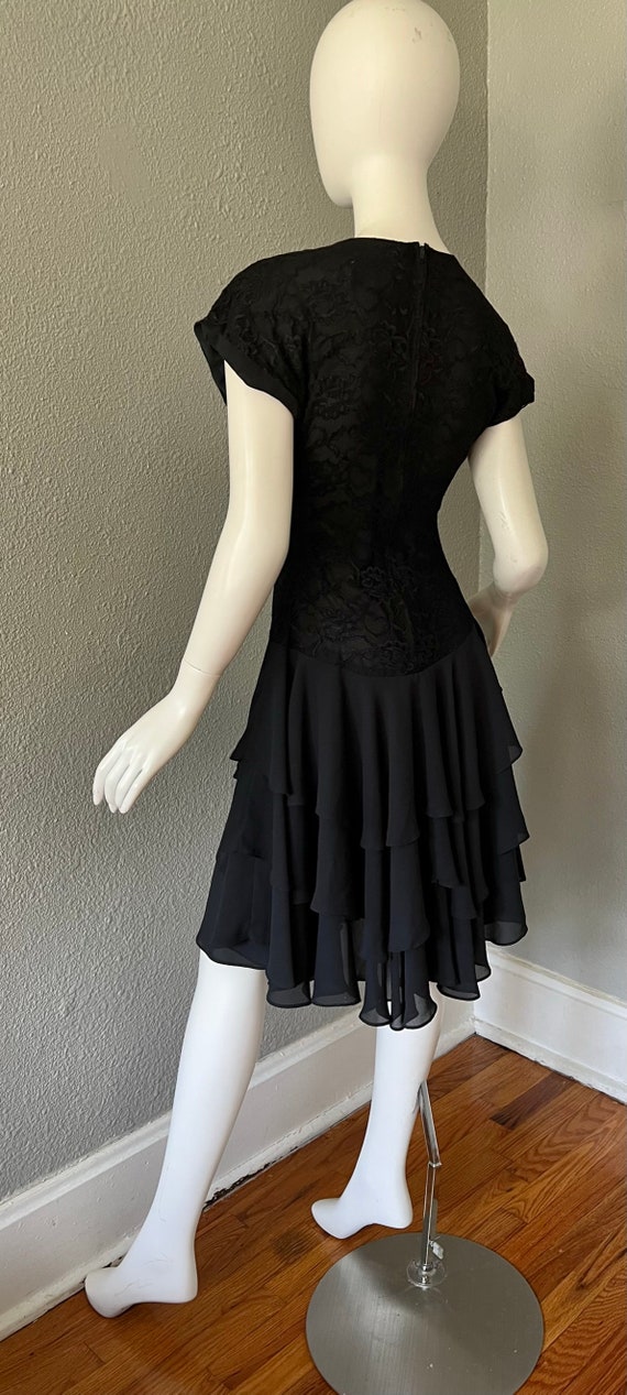 Vintage 80s Black Lace Tiered Ruffle Chiffon Drop… - image 10