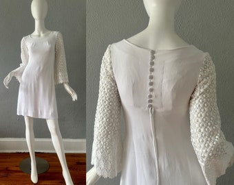 Vintage 60s Hippie Love Child White Bell Sleeve Mod Wedding Mini Dress S