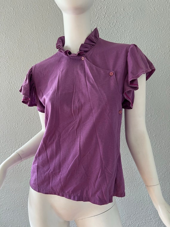 Vintage 70s Purple Ruffle High Collar Button Wrap… - image 4