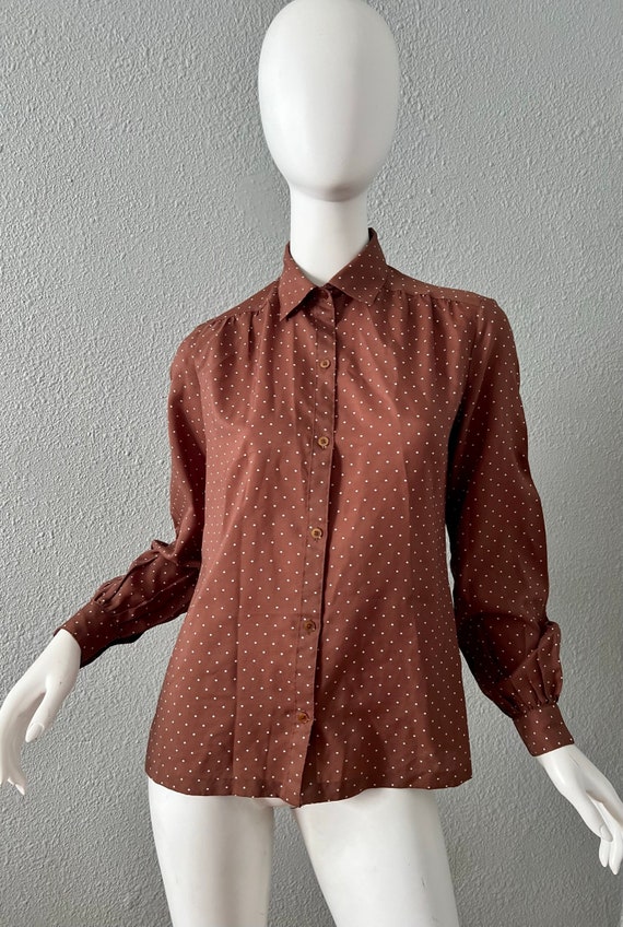 Vintage 70s Brown Polka Dot Button Secretary Blou… - image 7