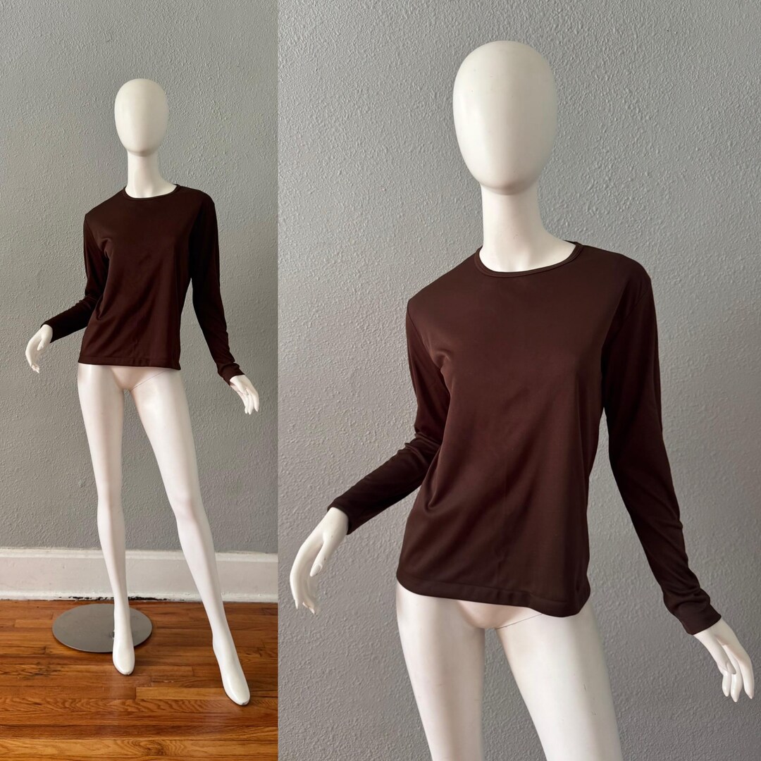 Vintage 70s Brown Polyester Leisure MOD Retro Long Sleeve Top Blouse M