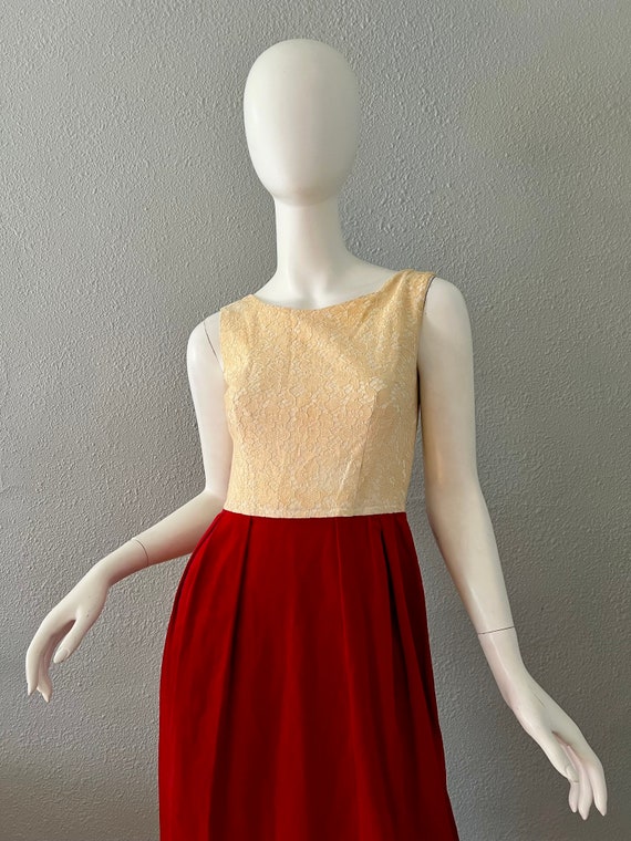 Vintage 60s Red VELVET Sleeveless Lace MOD Evenin… - image 5