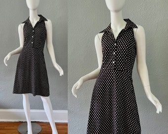 Vintage 90s Black + White Polka Dot Rockabilly Fit & Flare Pin Up Retro Dress L