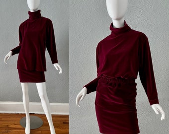 Vintage 90s Burgundy Velvet Turtleneck 2 Pc Mini Skirt Dress Outfit S