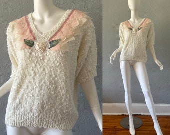 Vintage 80s White Chunky Knit COTTAGECORE Rose Lace Sweater Top